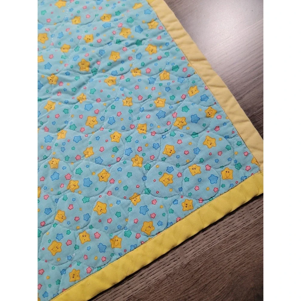 Vintage Care Bears Baby Blanket Crib Quilt Rainbow Trail Yellow Trim 41x33 Throw